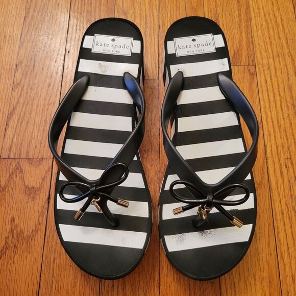Kate Spade New York Black White Stripe Platform Wedge Flip Flops 9M Summer RHETT - Picture 9 of 9